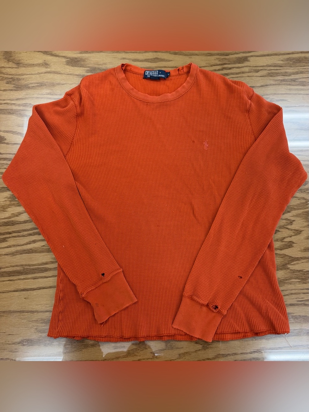 Polo Ralph Lauren Distressed Orange Thermal Shirt Waffle Long Sleeve M - 22x25